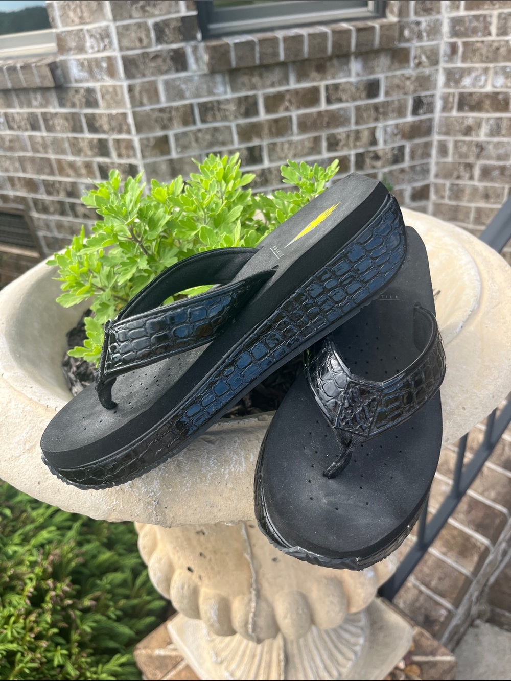 Volatile Black Thong Sandals with Croc-Texture Strap Wedge